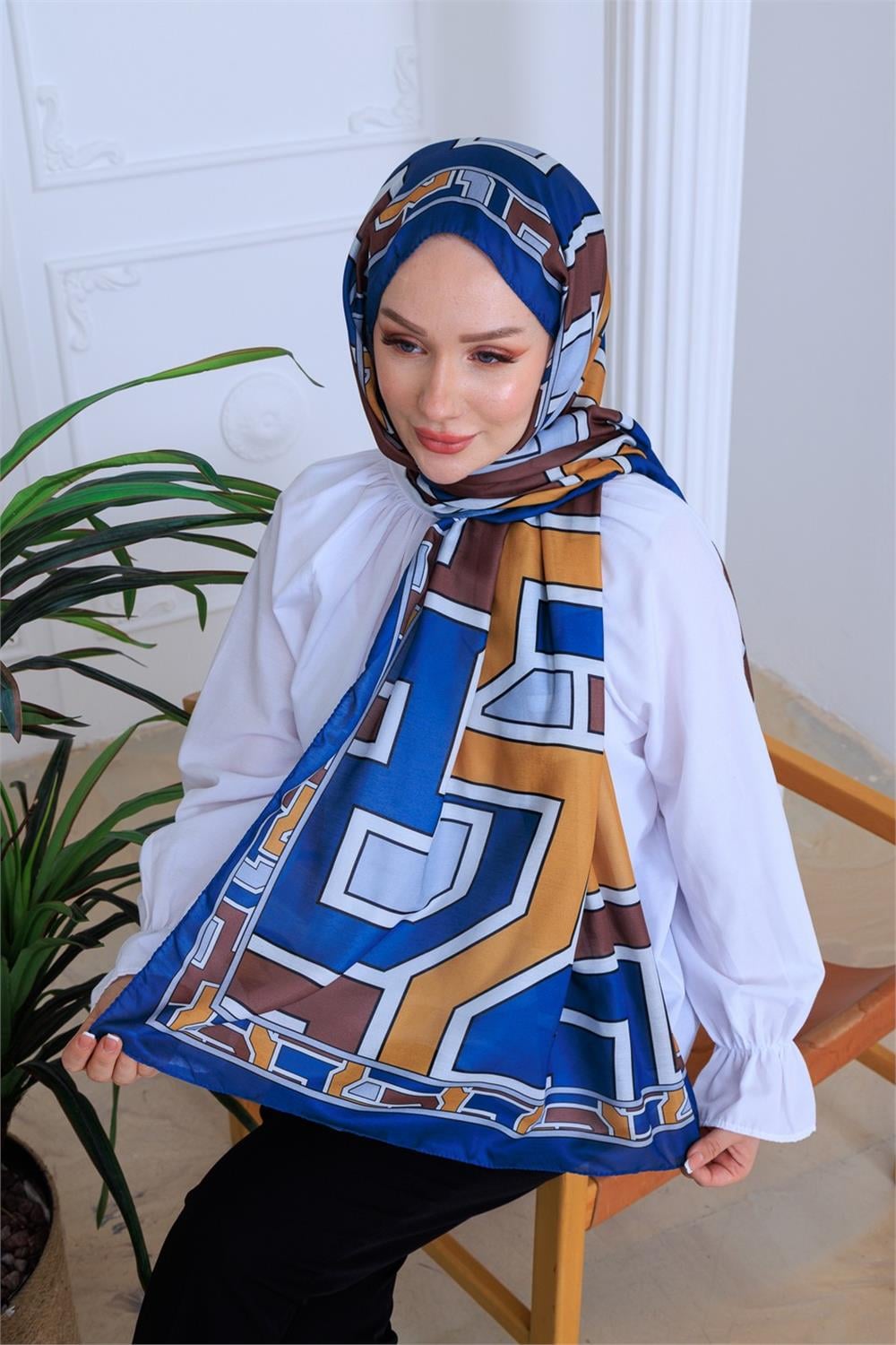 Mavi Geometri Premium Dijital Soft Şal