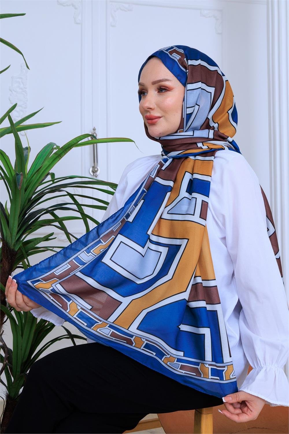 Mavi Geometri Premium Dijital Soft Şal