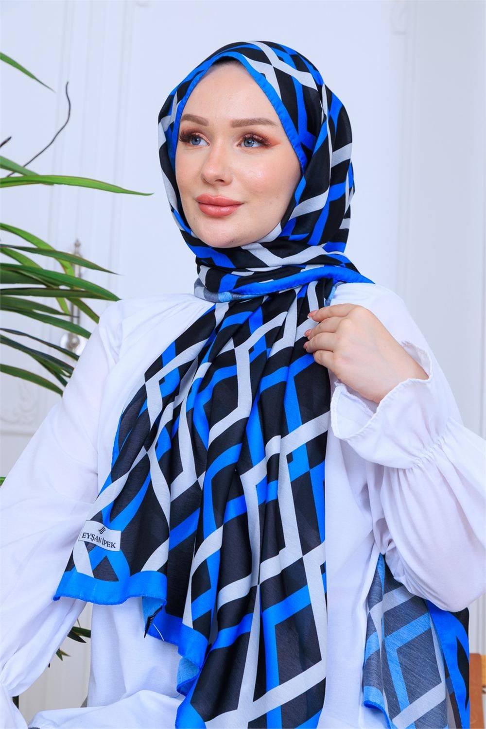 Gece Mavisi Geometrik Premium Dijital Soft Şal