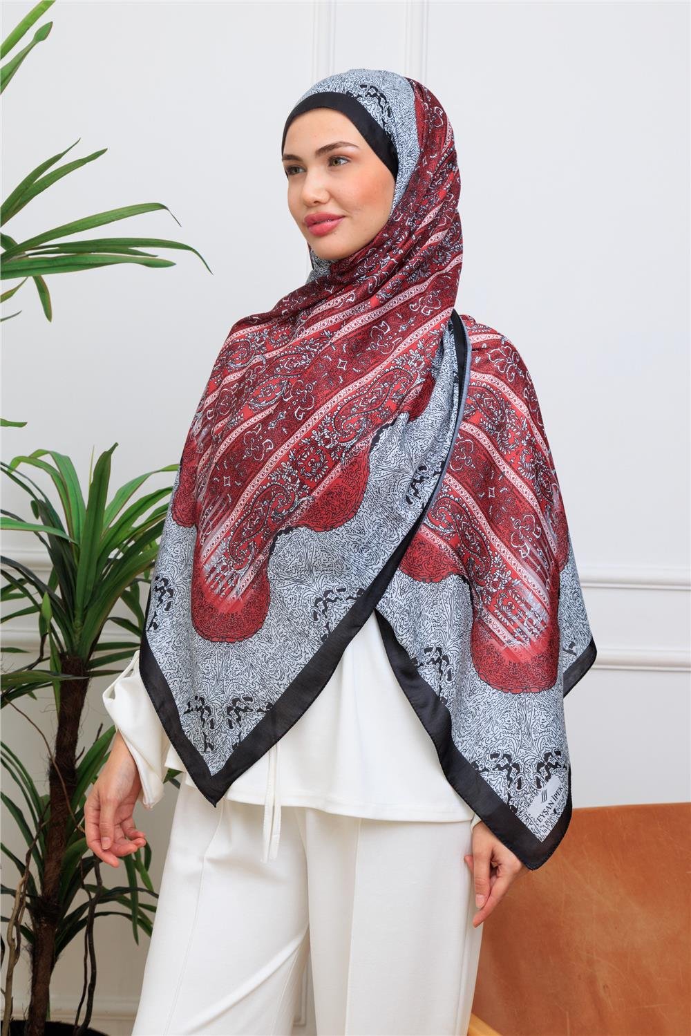 Bordo Paisley Premium Dijital Soft Şal