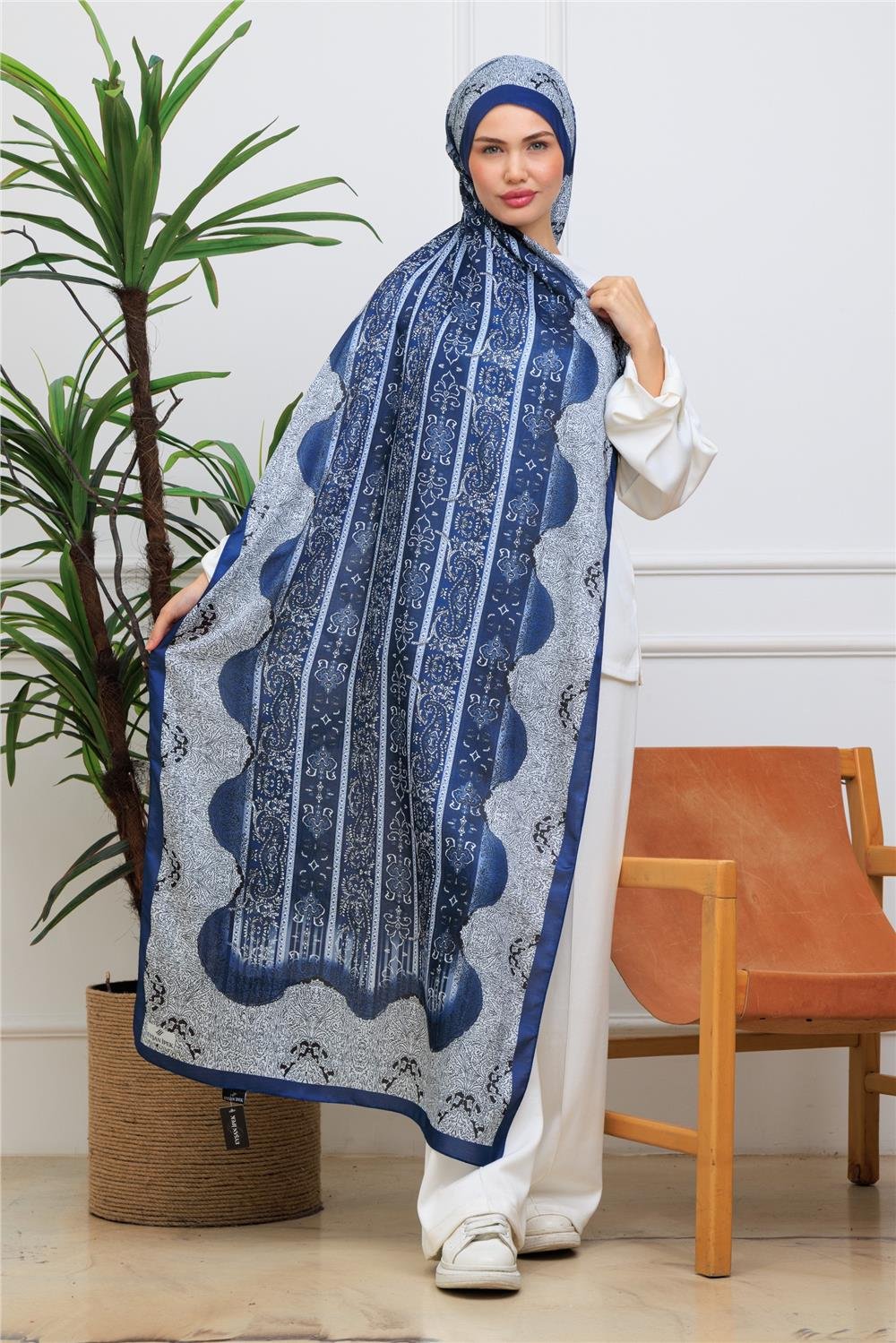 Lacivert Paisley Premium Dijital Soft Şal