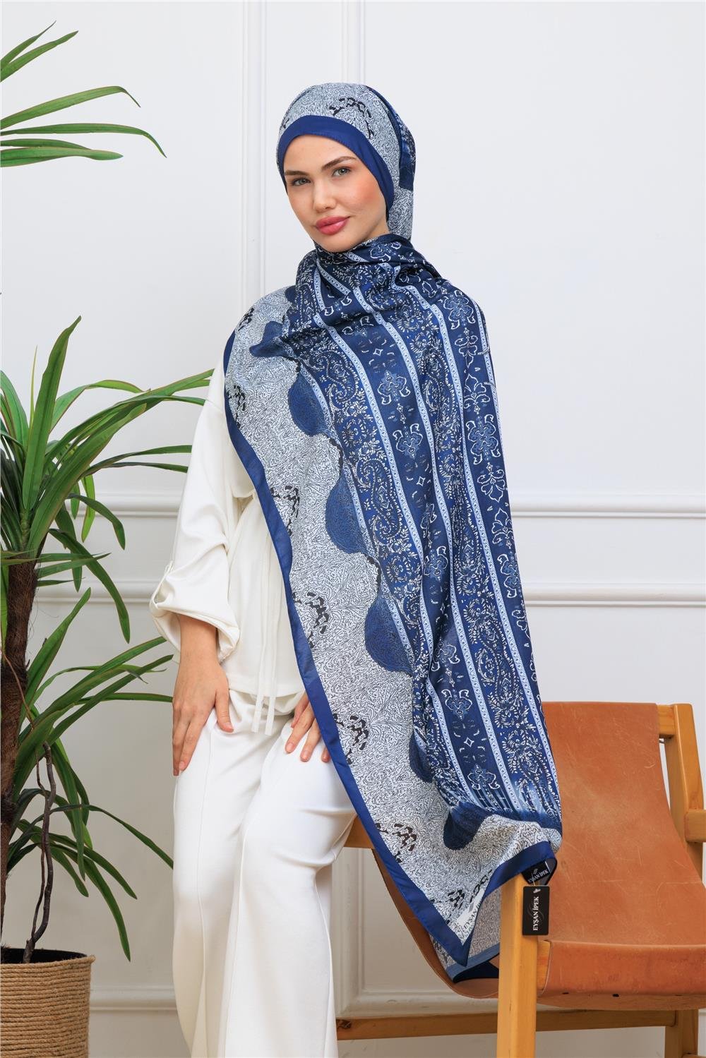 Lacivert Paisley Premium Dijital Soft Şal