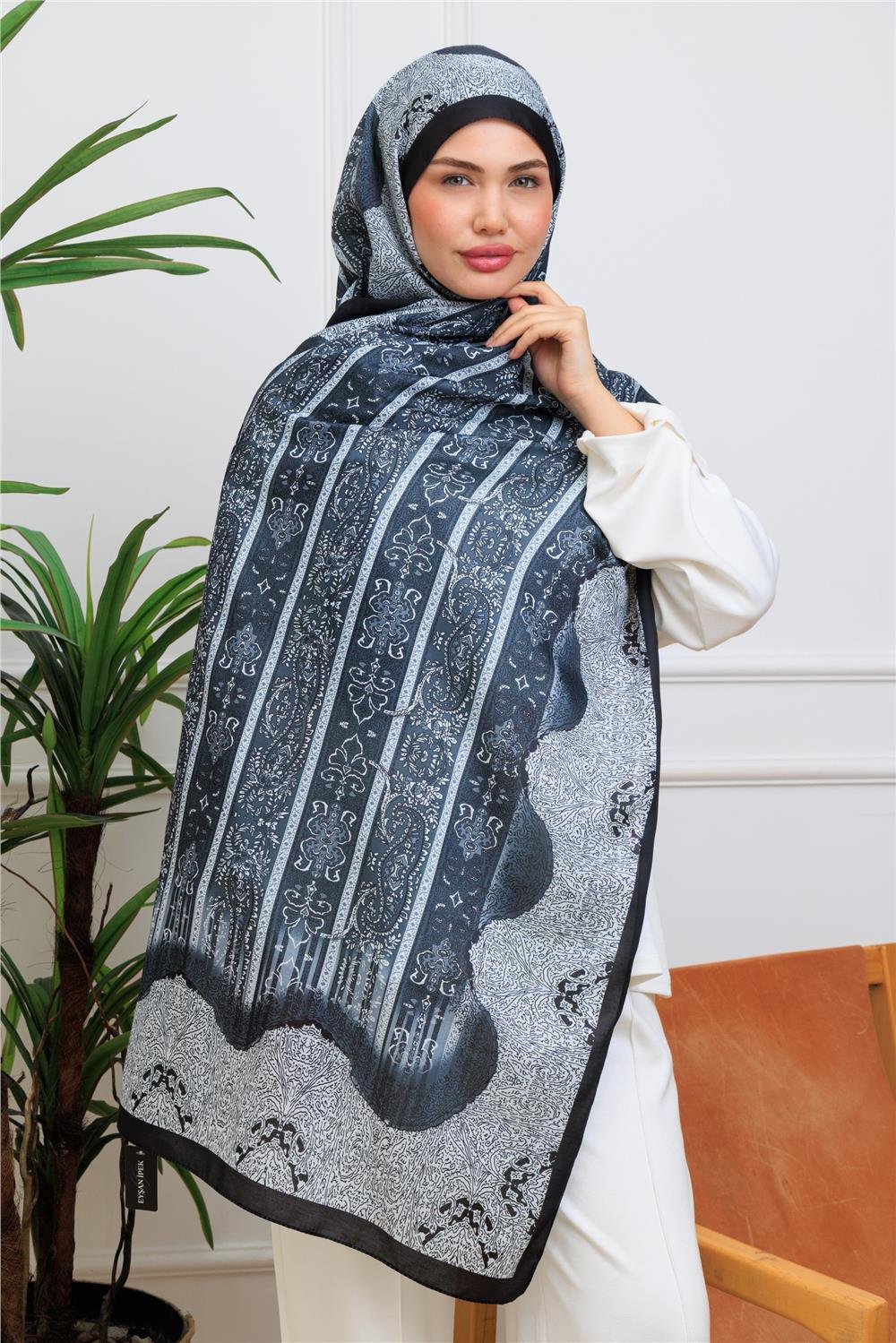 Antrasit Paisley Premium Dijital Soft Şal
