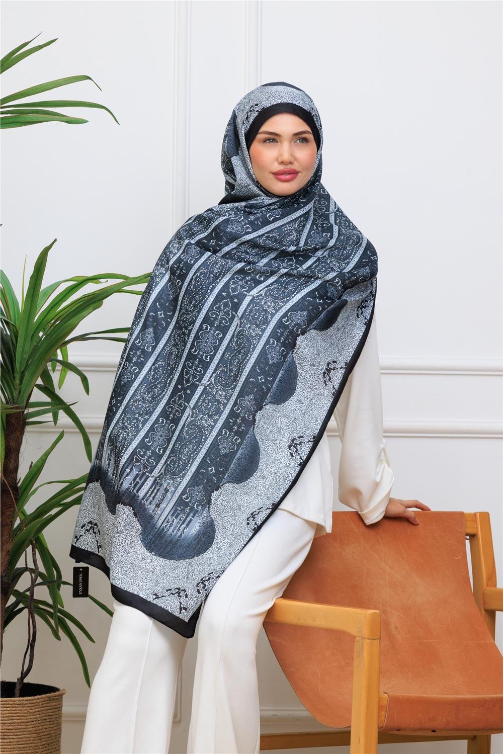 Antrasit Paisley Premium Dijital Soft Şal