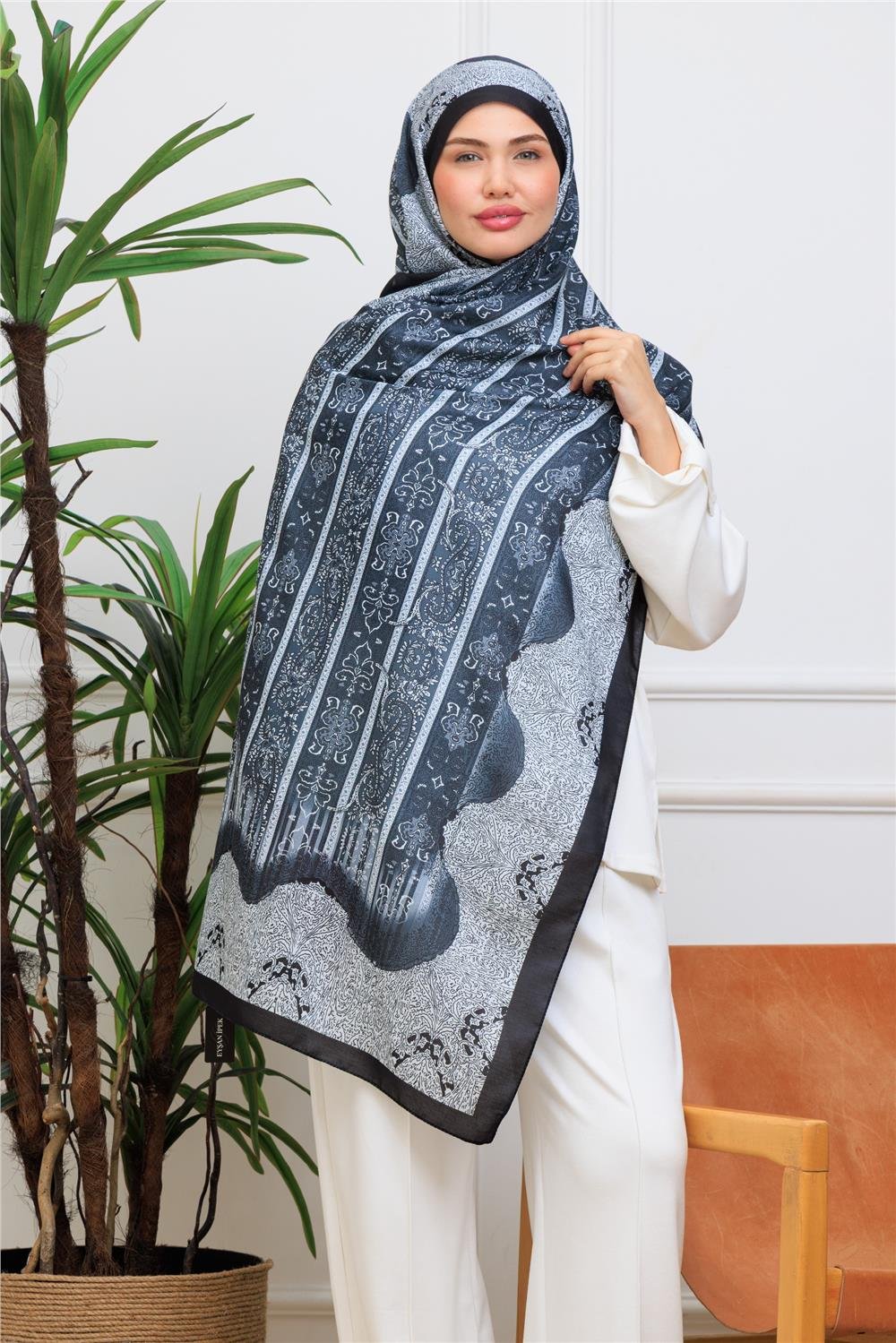 Antrasit Paisley Premium Dijital Soft Şal